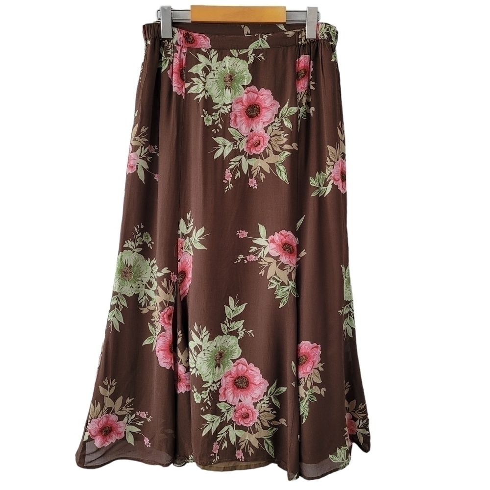 Vintage JM collection floral maxi skirt sheer panel lined circle 90s loose SZ 10